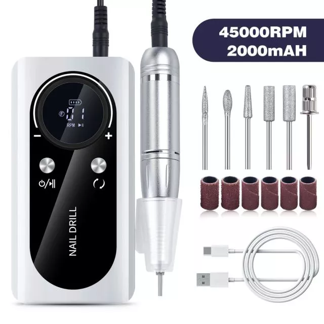 Rechargeable Cordless Nail Drill 45000rpm M2/White