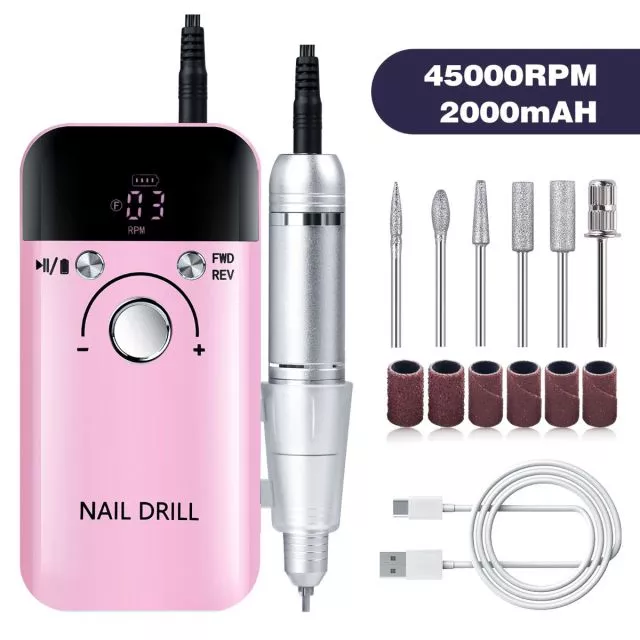 Rechargeable Cordless Nail Drill 45000rpm M6/Pink